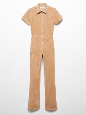Mango Tan Corduroy Short-Sleeve Utility Jumpsuit